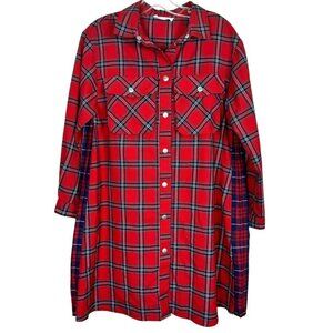 Zara Plaid Flannel Red Blue Long Sleeve Button Up  Shirt  Dress Size 13 14